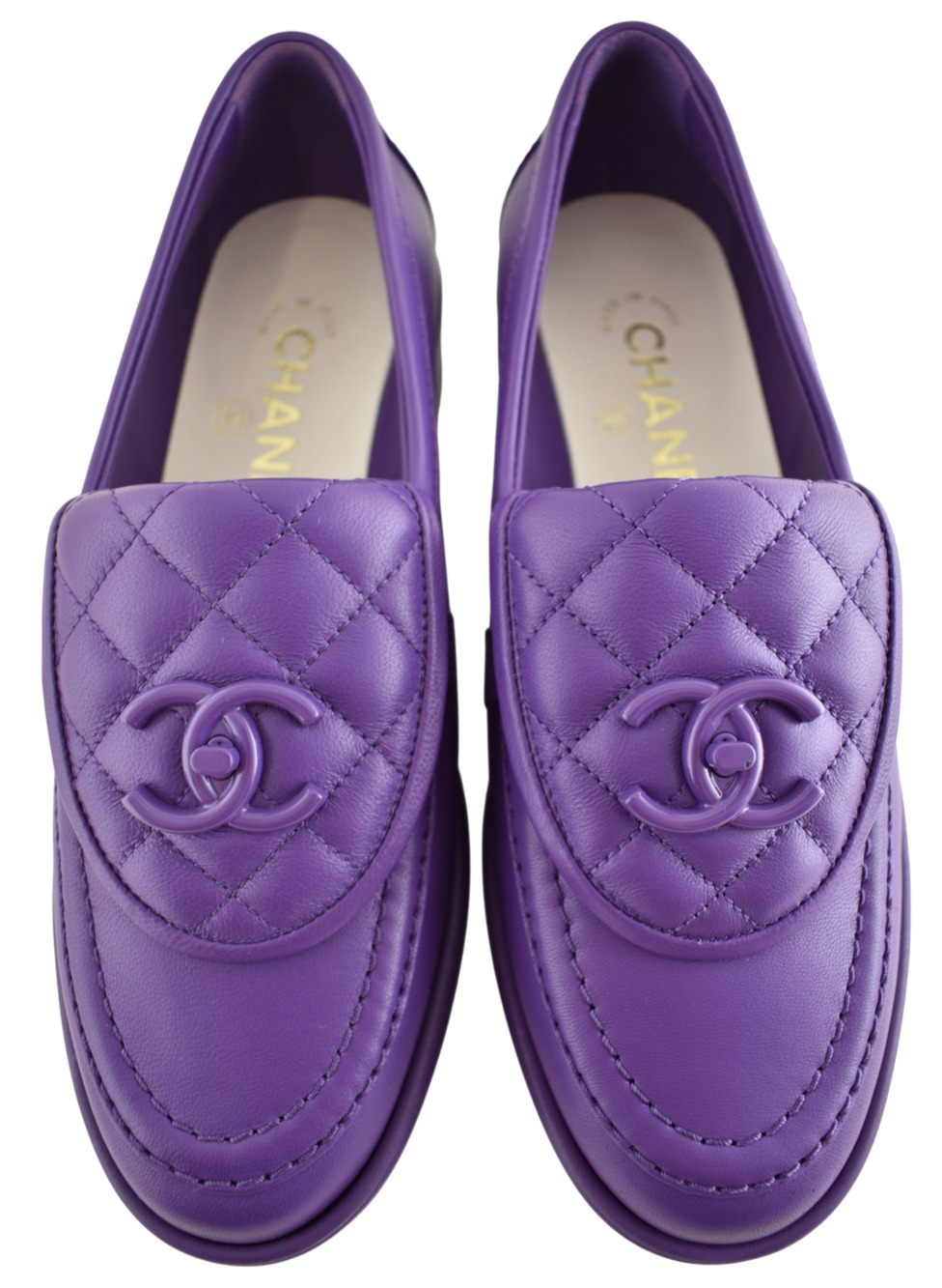 Chanel 24C Purple Leather Quilted Flap Turnlock CC Logo Moccasin Flat Loafer 36